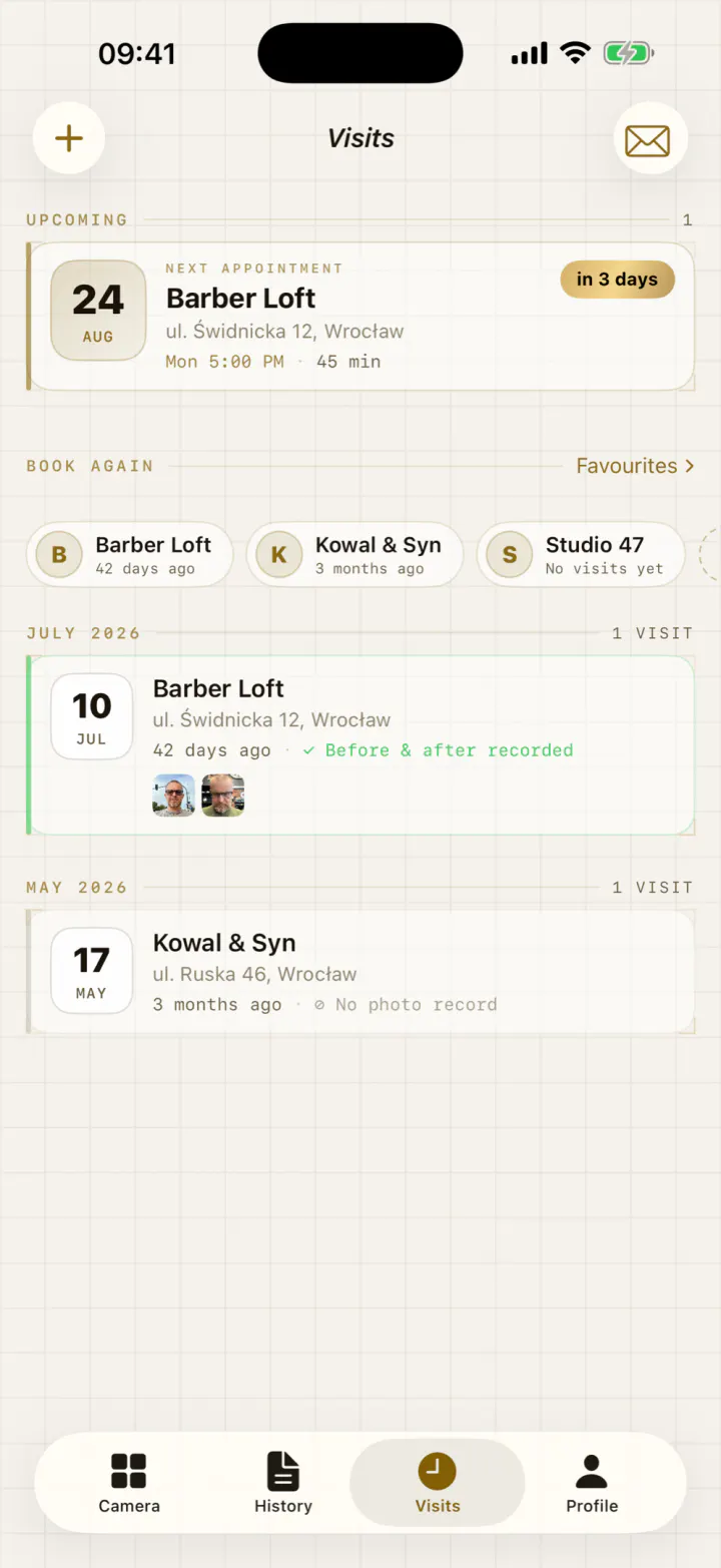 The appointments screen with the next date and the barbershops you return to.