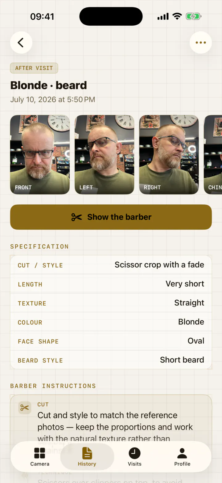 The One-UP session screen: photos from four angles with the written specification below them.