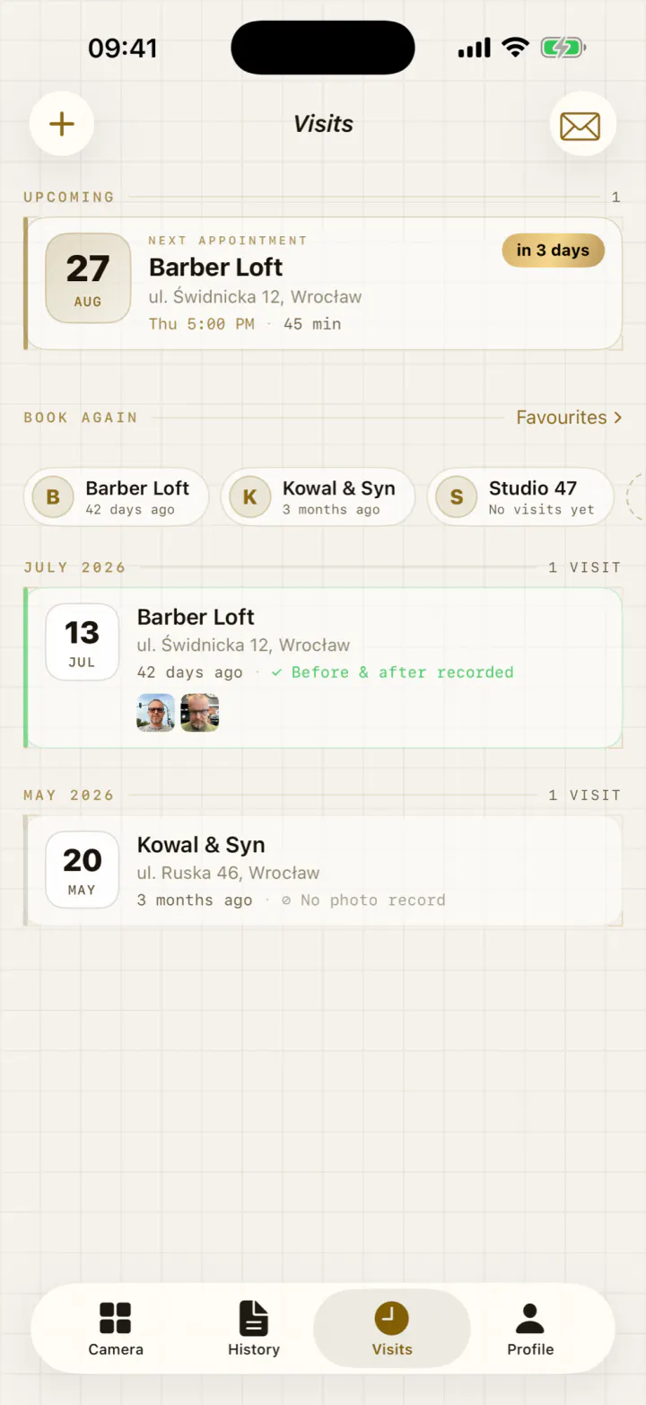 The appointments screen with the next date and the barbershops you return to.