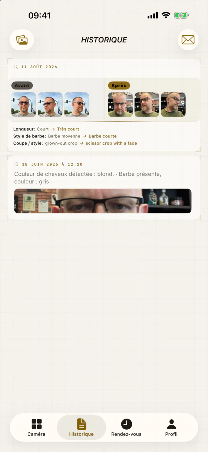 La liste de l’historique avec une visite avant-après et une séance plus ancienne.