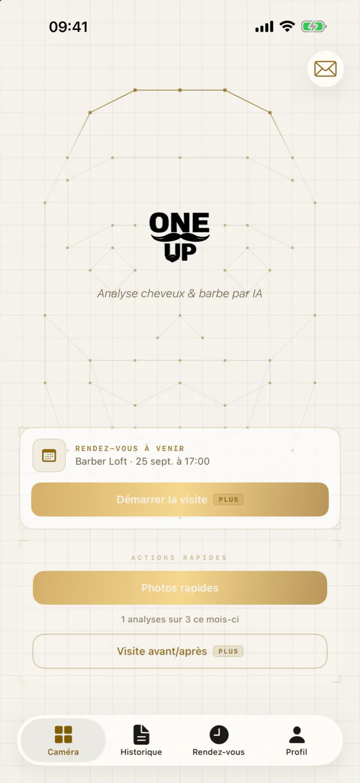 L'écran d'accueil de One-UP avec le prochain rendez-vous.
